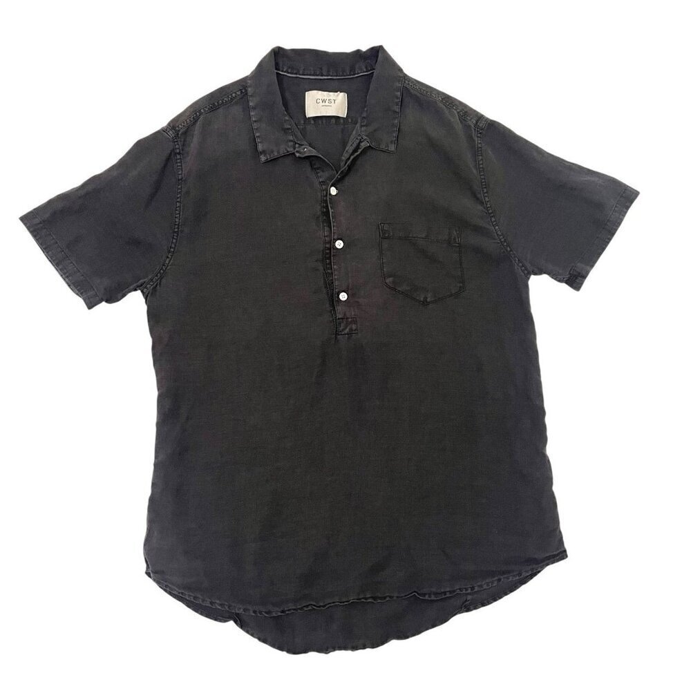 CWST 100% Linen Short Sleeve Breathable Shirt Vacation Classic Black size Medium
